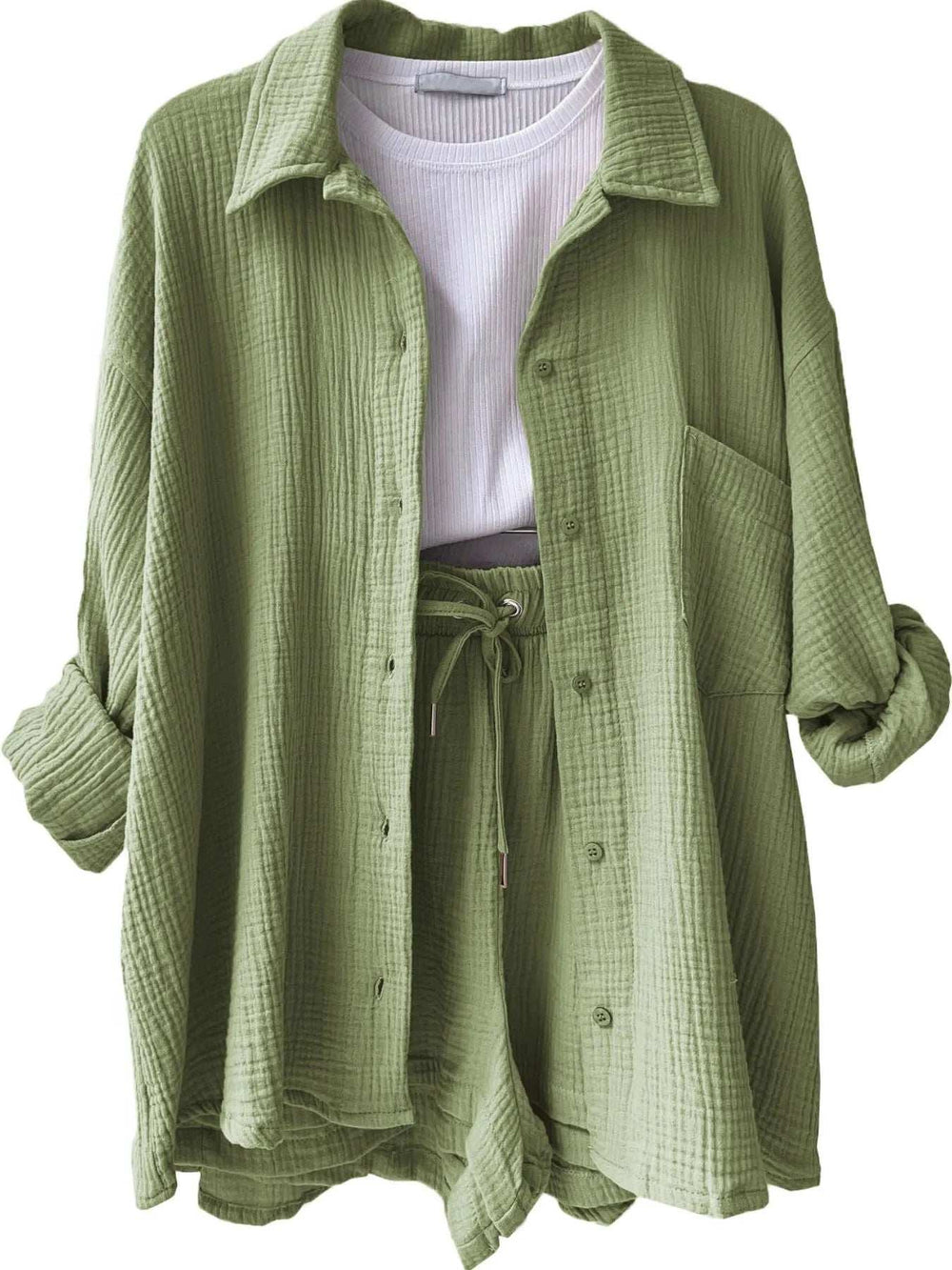 Textured Button Up Shirt and Shorts Set - Trendsi - Flyclothing LLC