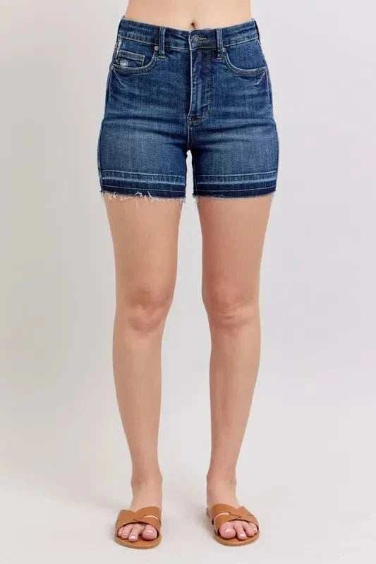 Judy Blue Full Size High Waist Tummy Control Destroy Release Hem Denim Shorts Plus Size - Trendsi - Flyclothing LLC