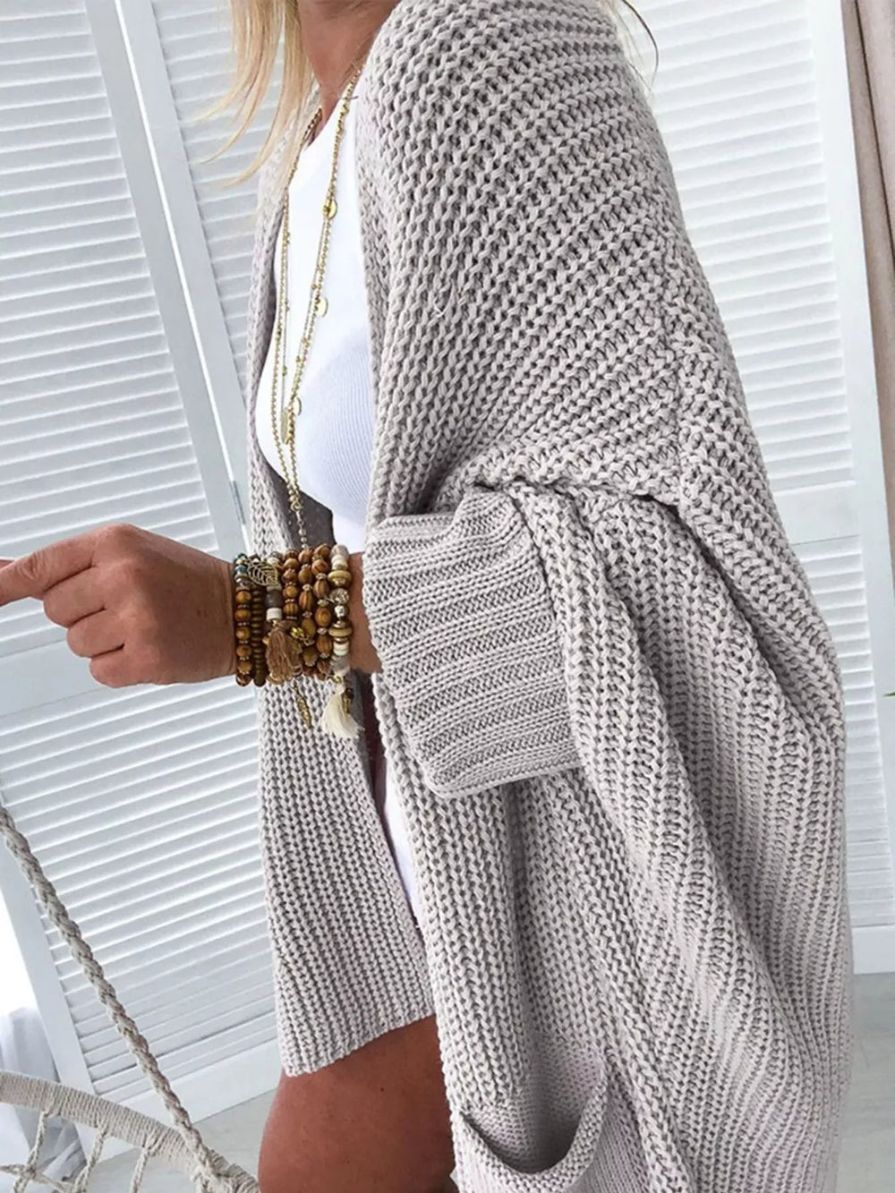 Oversized Fold Over Sleeve Open Front Cardigan - Trendsi - Flyclothing LLC