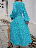 Split Printed Surplice Long Sleeve Midi Dress - Trendsi - Flyclothing LLC