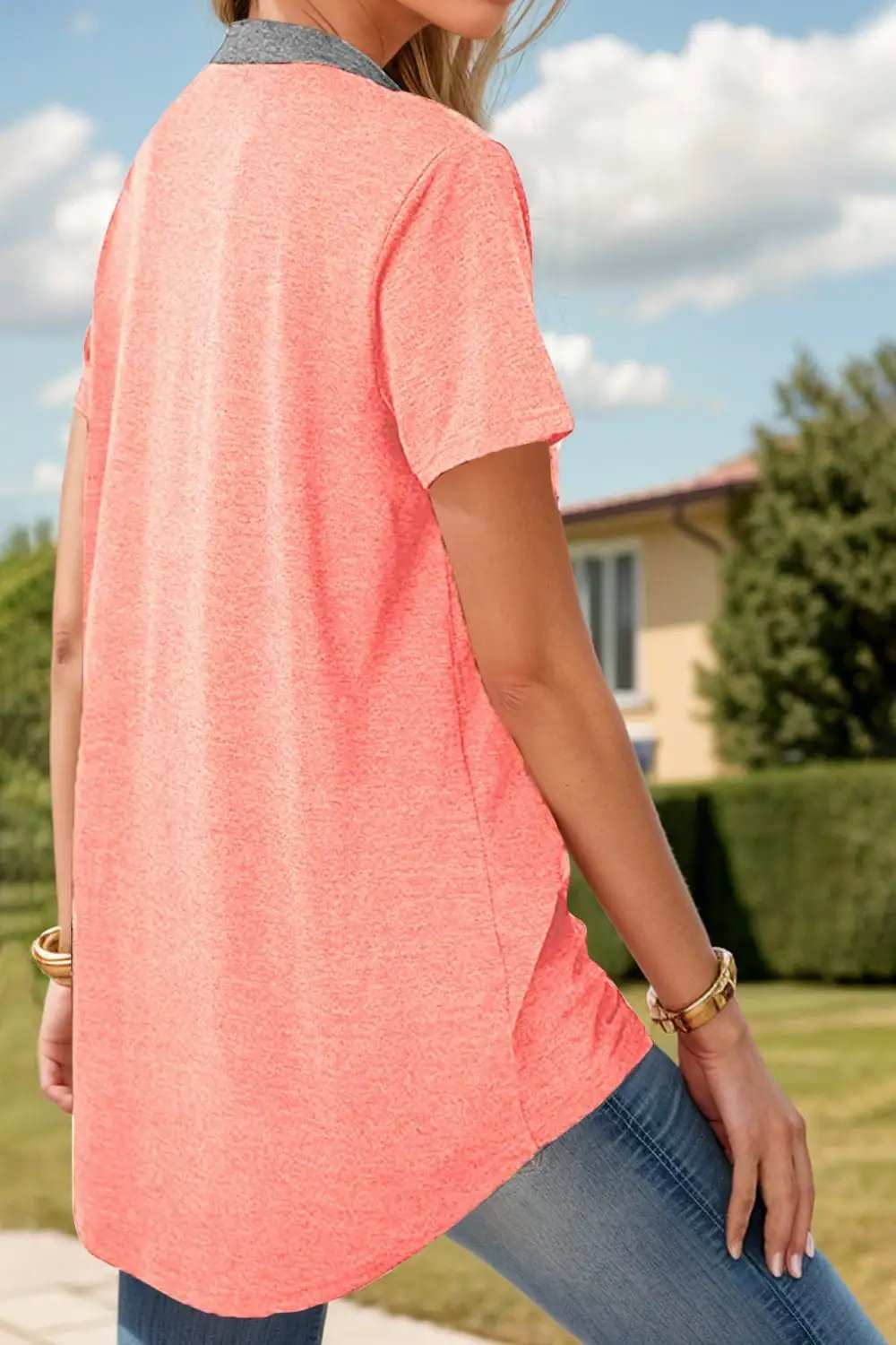 Full Size Half Button Short Sleeve T-Shirt - Trendsi - Flyclothing LLC