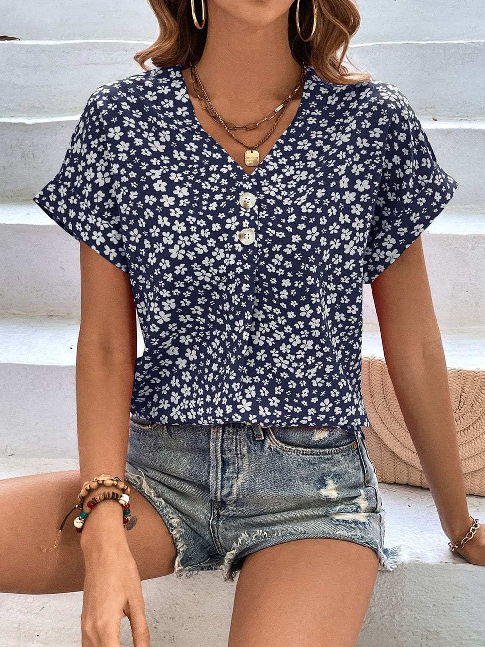 Printed V-Neck Short Sleeve Blouse - Trendsi - Flyclothing LLC