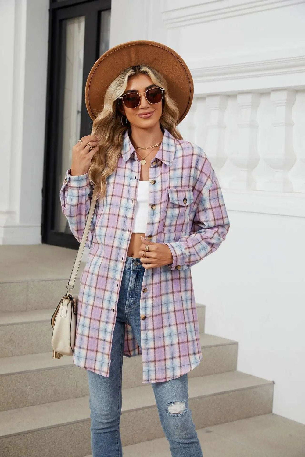 Plaid Collared Neck Long Sleeve Shirt - Trendsi - Flyclothing LLC