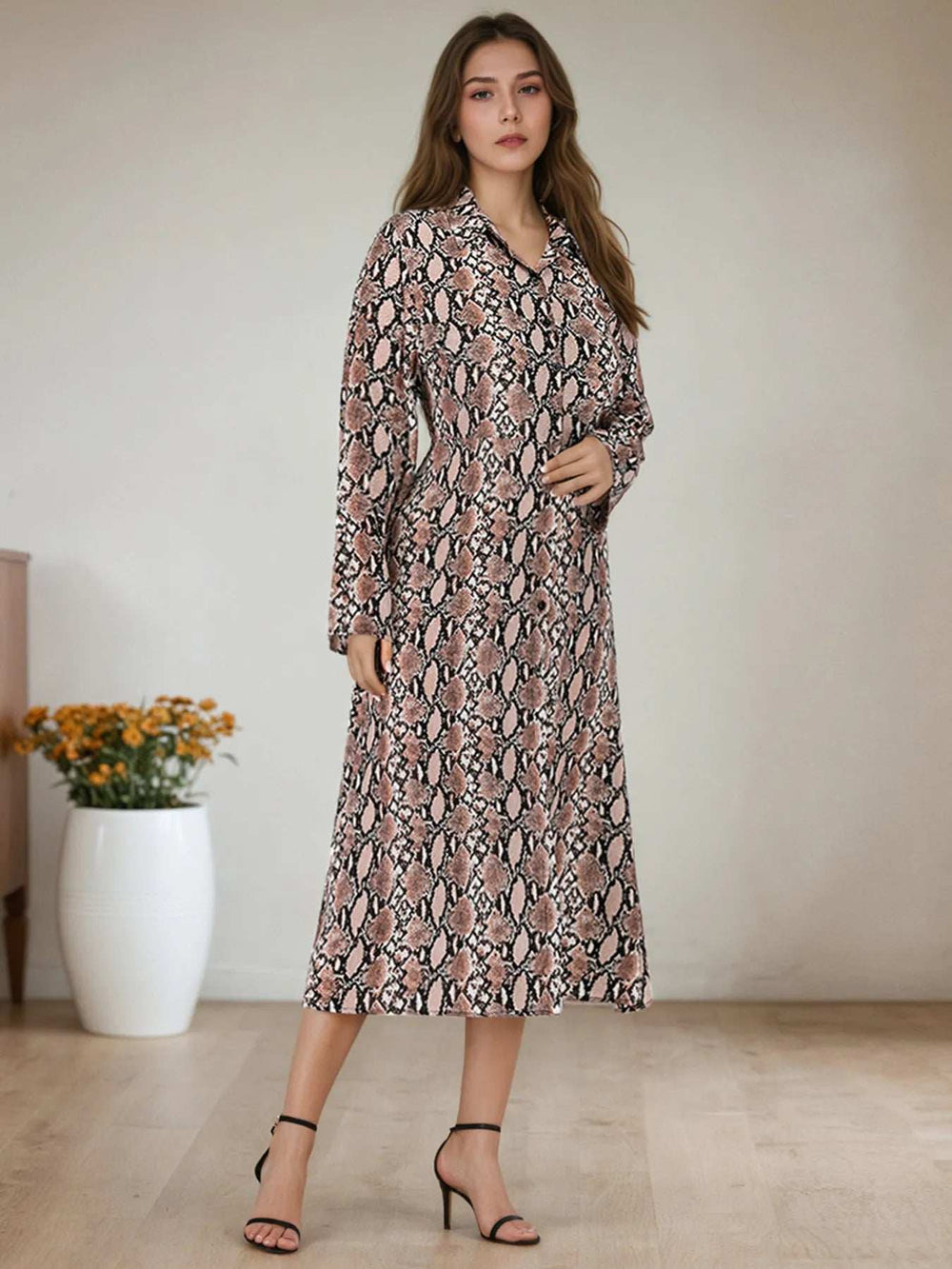 Snake Print Long Sleeve Shirt Dress - Trendsi - Flyclothing LLC