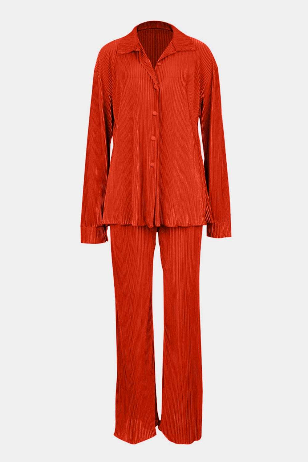 Textured Button Up Collared Neck Top and Pants Set - Trendsi - Flyclothing LLC