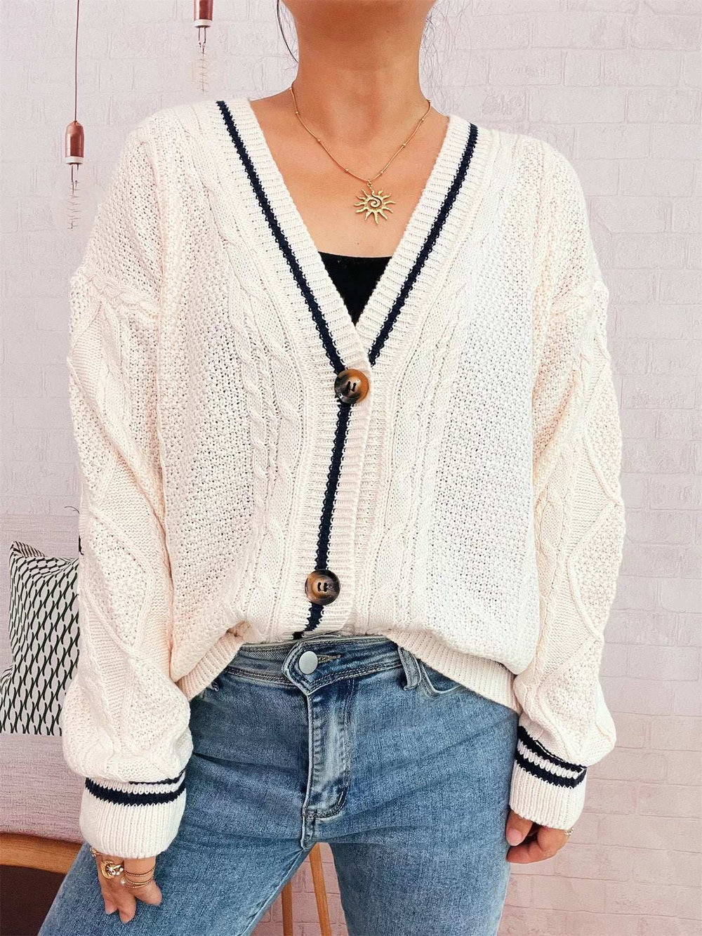 Star Pattern Button-Up Cardigan with Contrast Trim - Trendsi - Flyclothing LLC