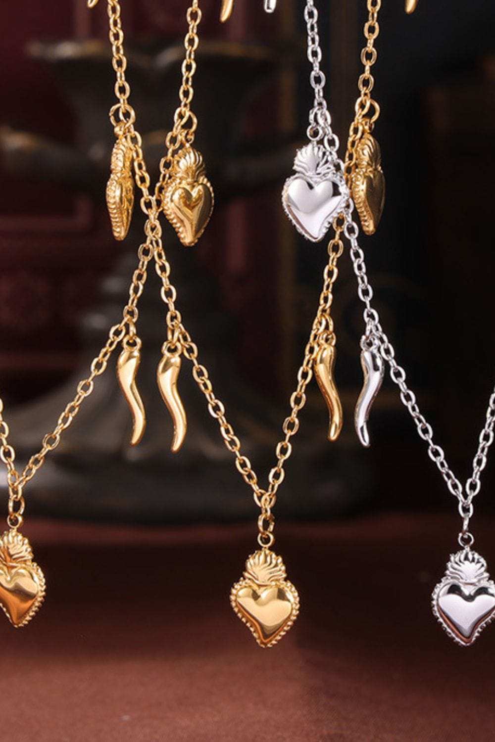 Stainless Steel Heart Charm Bracelet and Necklace Set - Trendsi - Flyclothing LLC