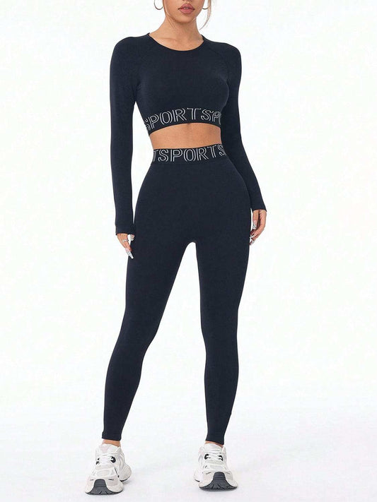 Letter Print Round Neck Long Sleeve Top and Leggings Active Set - Trendsi - Flyclothing LLC