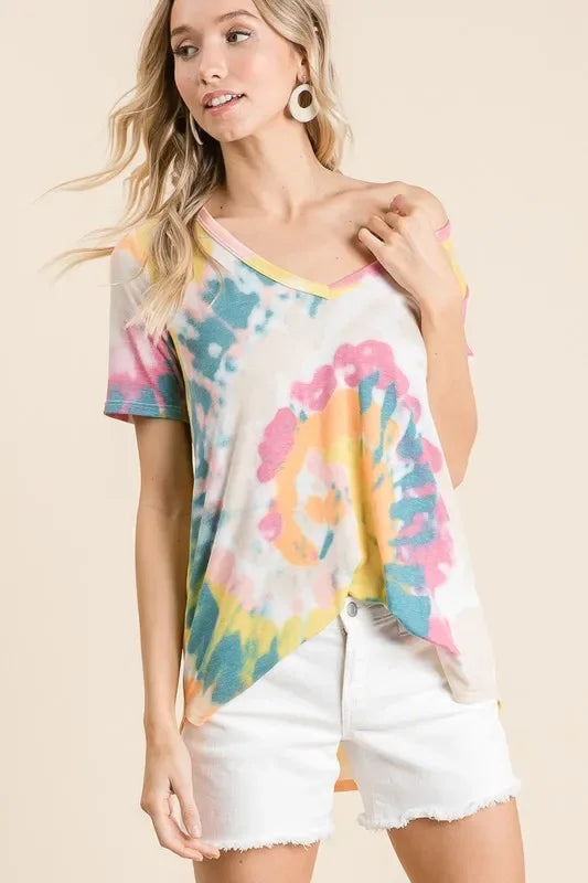 BiBi Circular Tie Dye Print V Neck Top - Trendsi - Flyclothing LLC