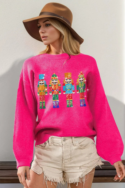 Double Take Full Size Sequin Nutcracker Long Sleeve Sweater - Trendsi - Flyclothing LLC