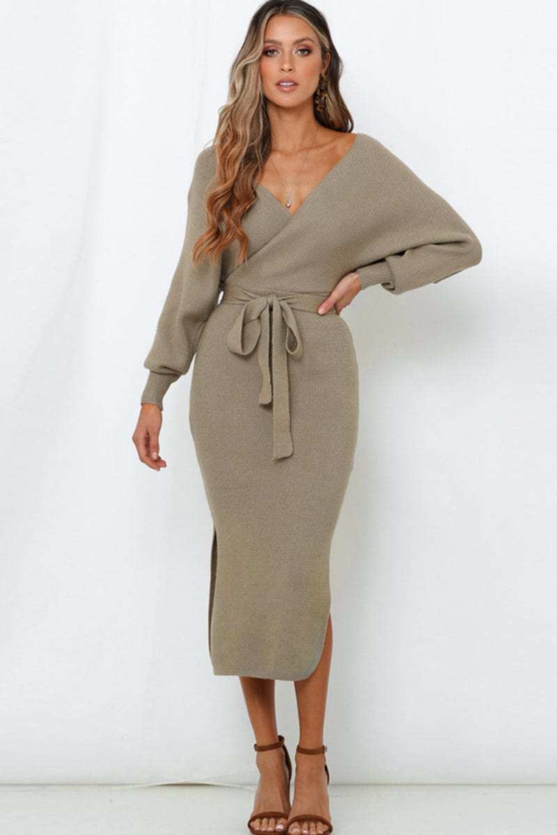 Surplice Neck Bow Waist Slit Sweater Dress - Trendsi - Flyclothing LLC
