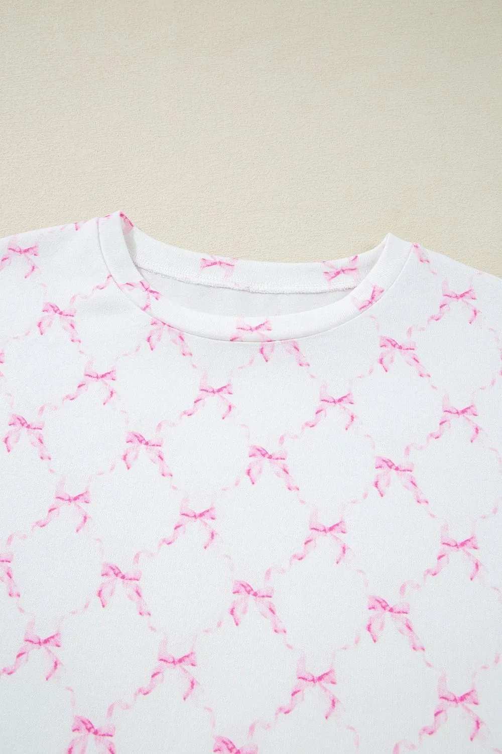 Bow Print Lettuce Trim Round Neck Top and Shorts Lounge Set - Trendsi - Flyclothing LLC