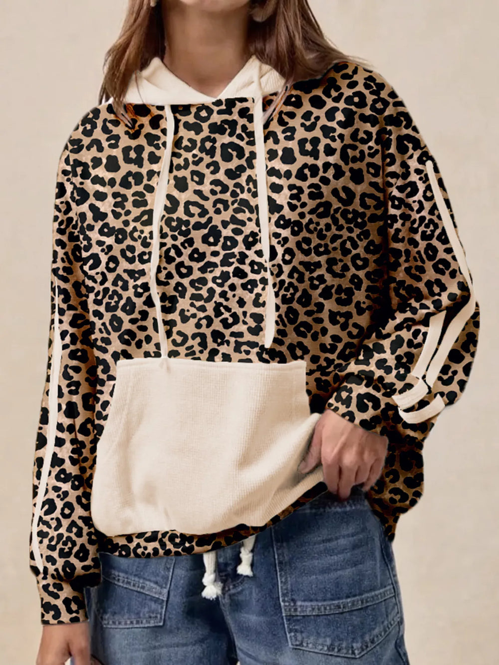 Leopard Print Long Sleeve Hoodie with Pocket - Trendsi - Flyclothing LLC
