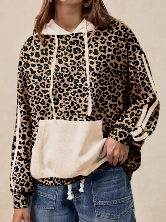 Leopard Print Long Sleeve Hoodie with Pocket - Trendsi - Flyclothing LLC