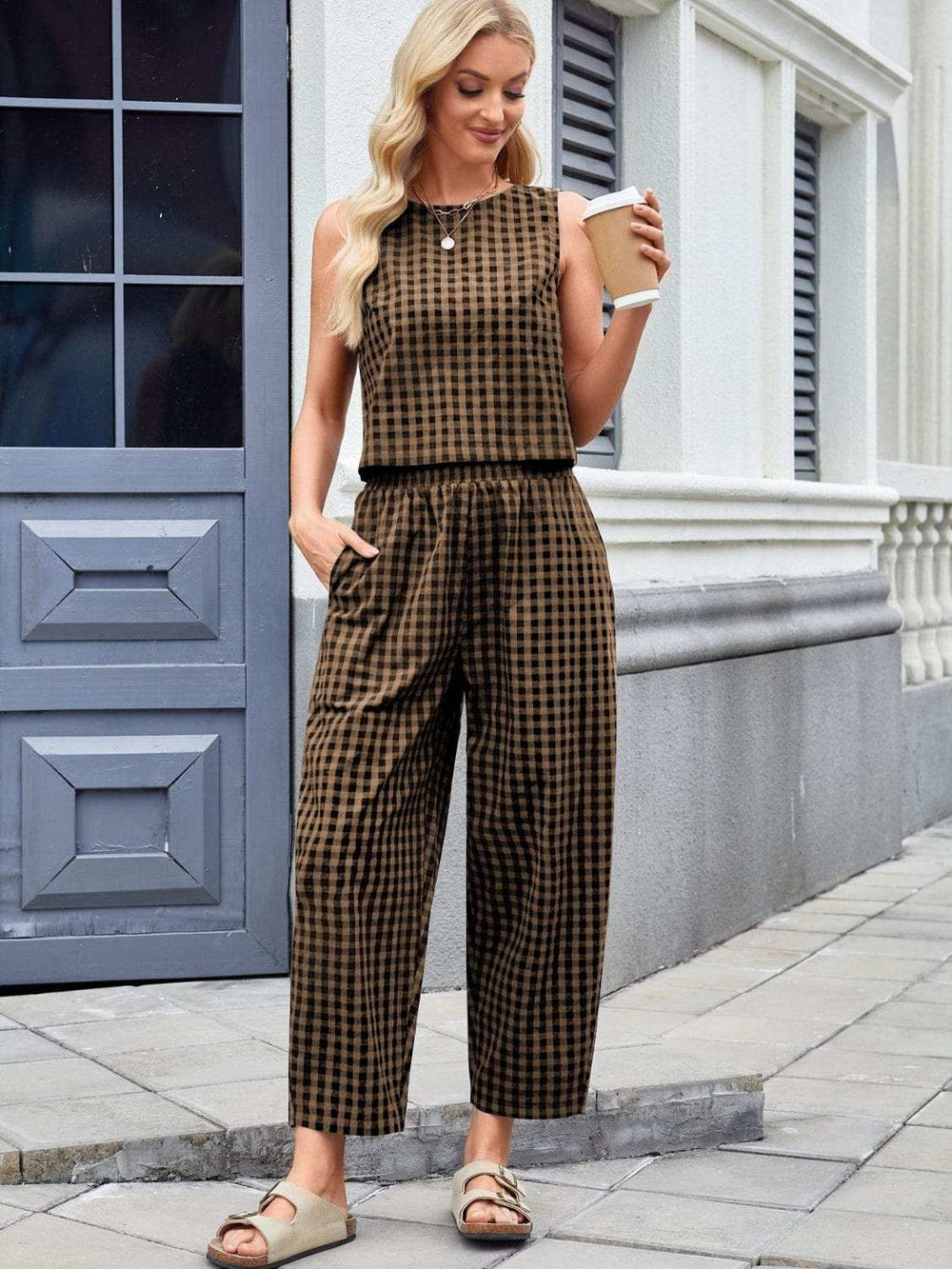 Plaid Sleeveless Top and Pants Set - Trendsi - Flyclothing LLC
