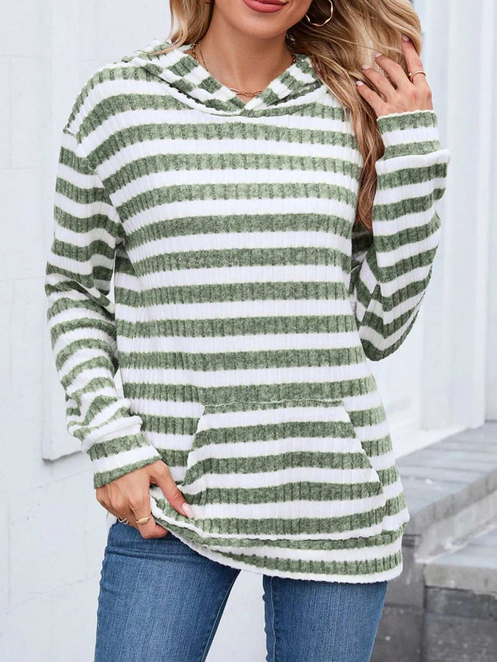 Striped Dropped Shoulder Hoodie - Trendsi - Flyclothing LLC