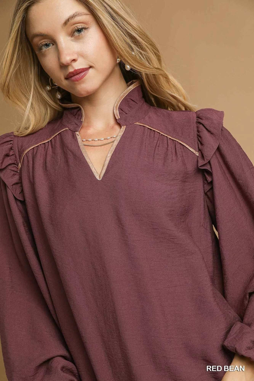 Umgee Ruffle Shoulder Long Sleeve Blouse - Trendsi - Flyclothing LLC