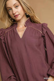 Umgee Ruffle Shoulder Long Sleeve Blouse - Trendsi - Flyclothing LLC
