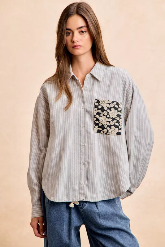 BiBi Flower Jacquard Knit Patch Pocket Stripe Shirt - Trendsi - Flyclothing LLC