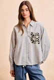 BiBi Flower Jacquard Knit Patch Pocket Stripe Shirt - Trendsi - Flyclothing LLC