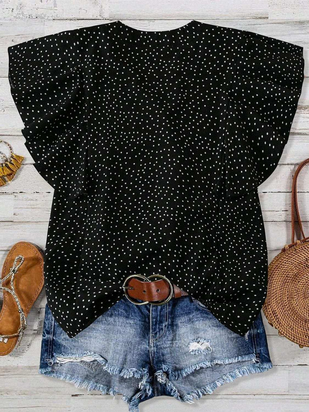 Polka Dot Notched Ruffled Cap Sleeve Blouse - Trendsi - Flyclothing LLC