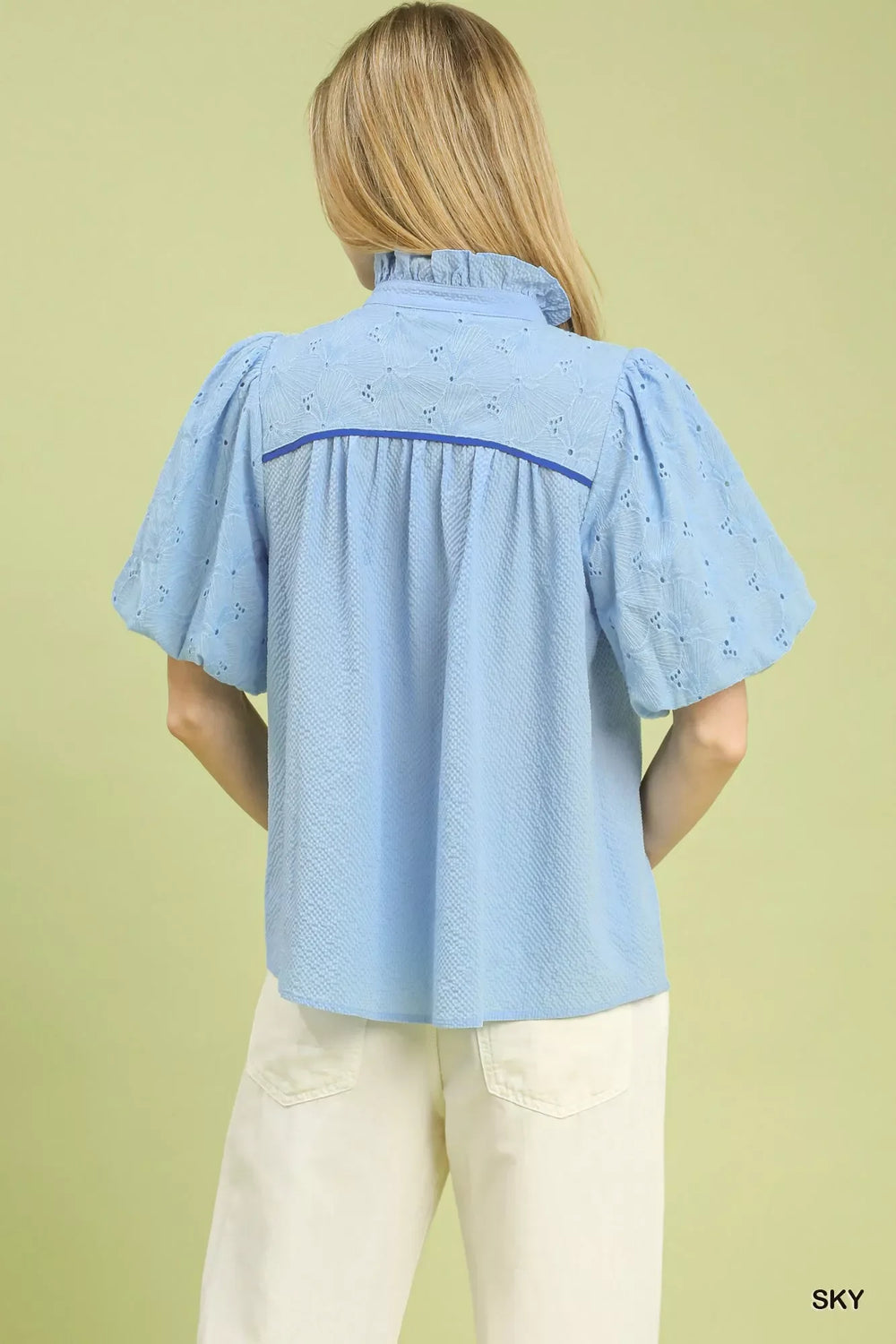 Umgee Puff Sleeve Eyelet Mix Top with Contrast Piping - Trendsi - Flyclothing LLC