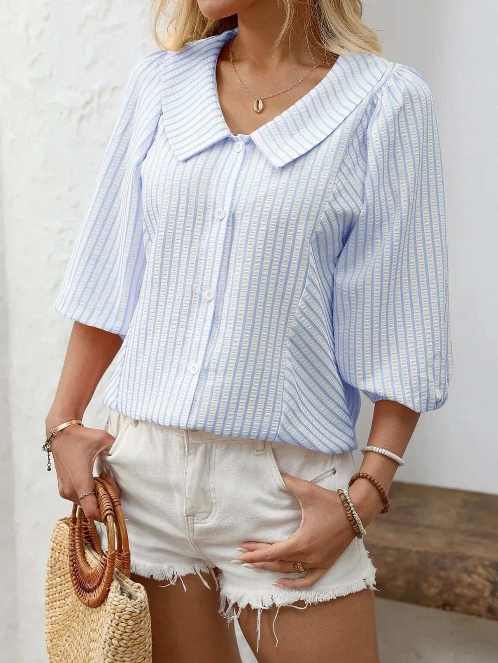 Striped Button Down 3/4 Sleeve Shirt - Trendsi - Flyclothing LLC