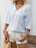 Striped Button Down 3/4 Sleeve Shirt - Trendsi - Flyclothing LLC