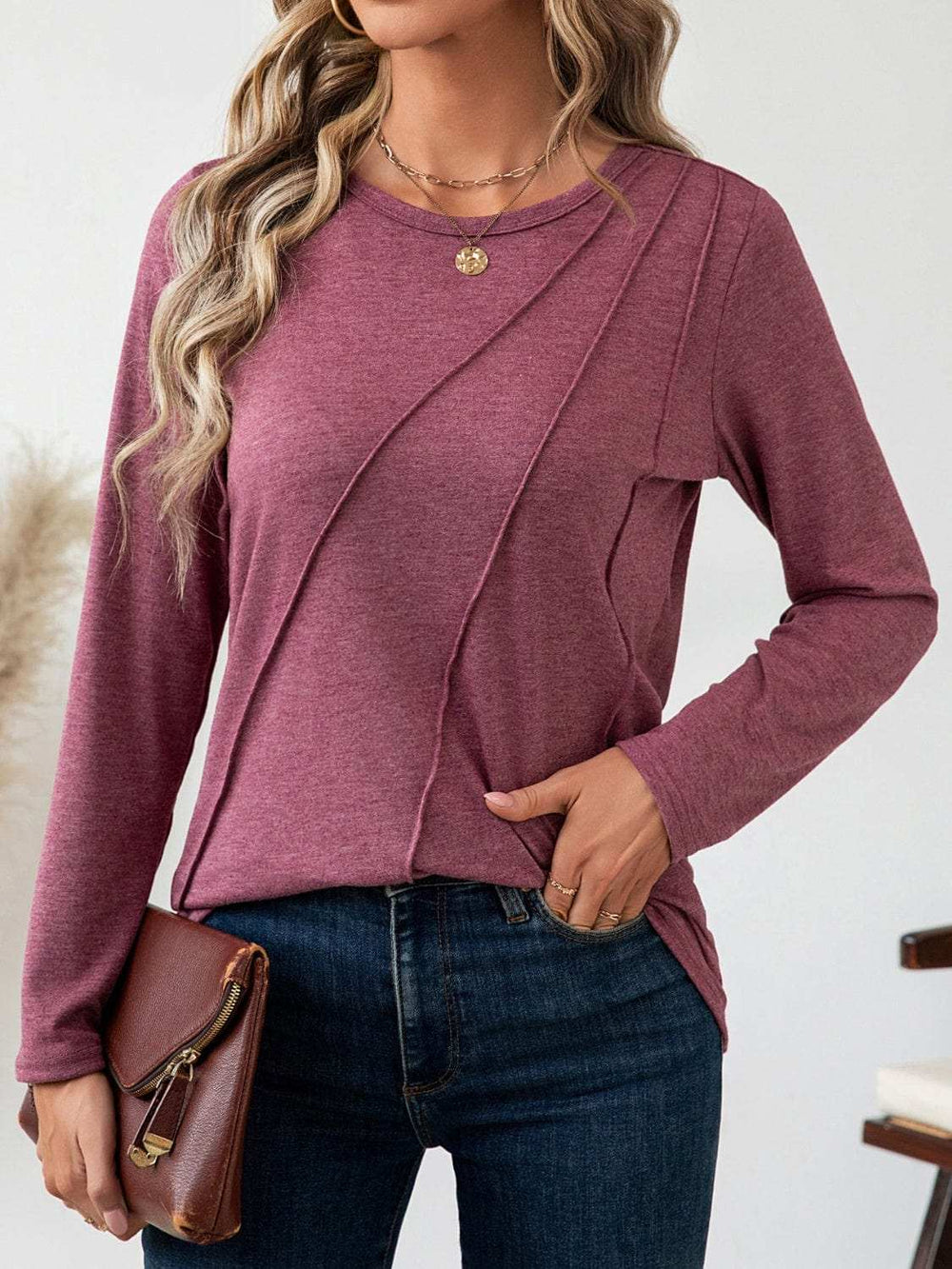 Round Neck Long Sleeve T-Shirt - Trendsi - Flyclothing LLC