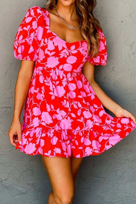 Floral Puff Sleeve Sweetheart Neck Ruffled Mini Dress - Trendsi - Flyclothing LLC