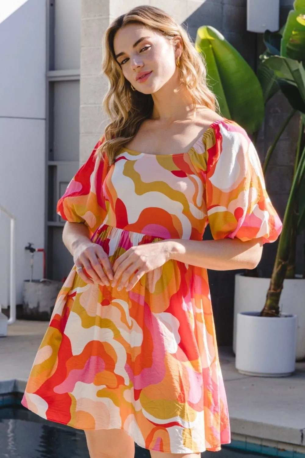 ODDI Full Size Printed Tied Back Short Sleeve Mini Dress - Trendsi - Flyclothing LLC