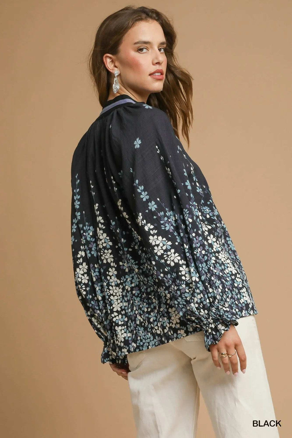 Umgee Full Size Floral Vine Print Blouse with Balloon Sleeves Plus Size - Trendsi - Flyclothing LLC