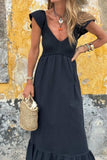 V Neck Ruffled Cap Sleeve Smocked Maxi Dress - Trendsi - Flyclothing LLC