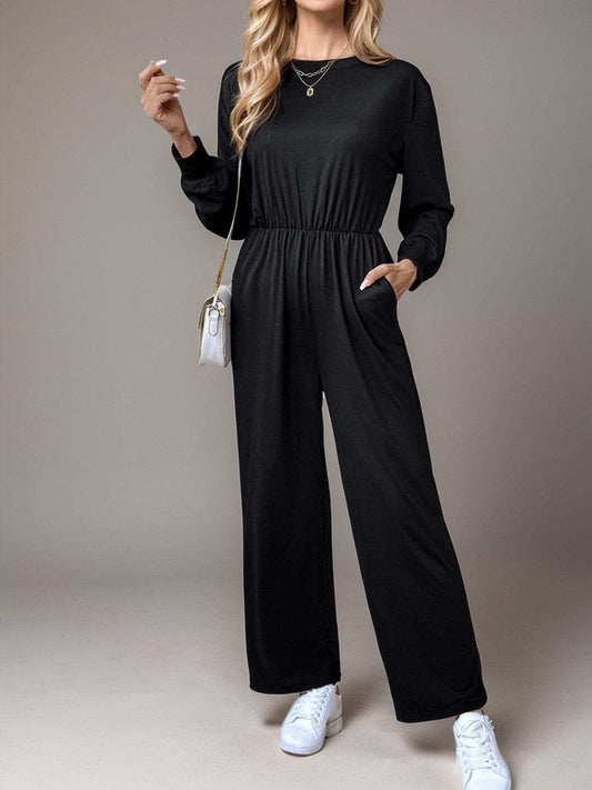 Tied Round Neck Wide Leg Jumpsuit - Trendsi - Flyclothing LLC