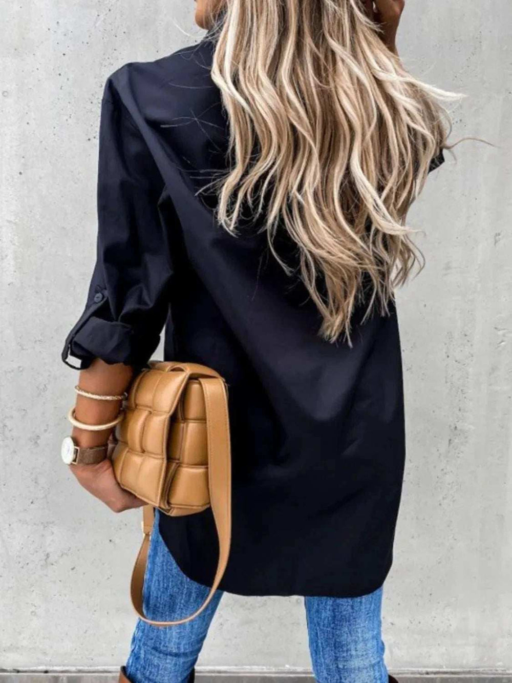 Button Up Roll-Tab Sleeve Shirt - Trendsi - Flyclothing LLC