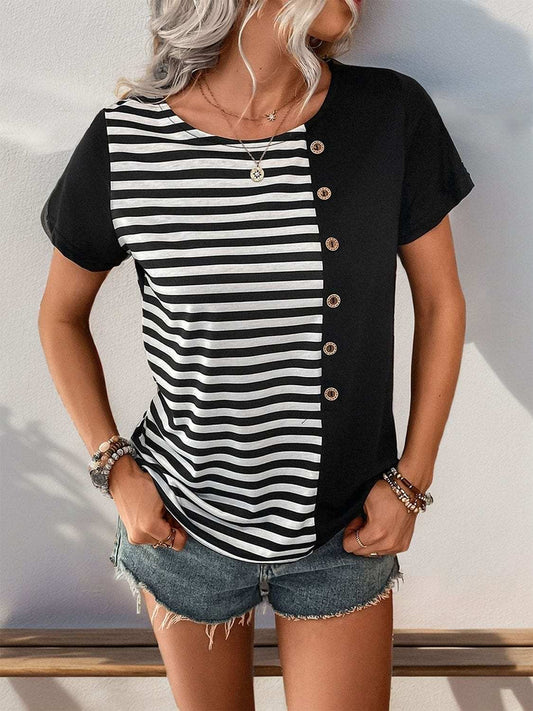 Striped Round Neck Short Sleeve T-Shirt - Trendsi - Flyclothing LLC