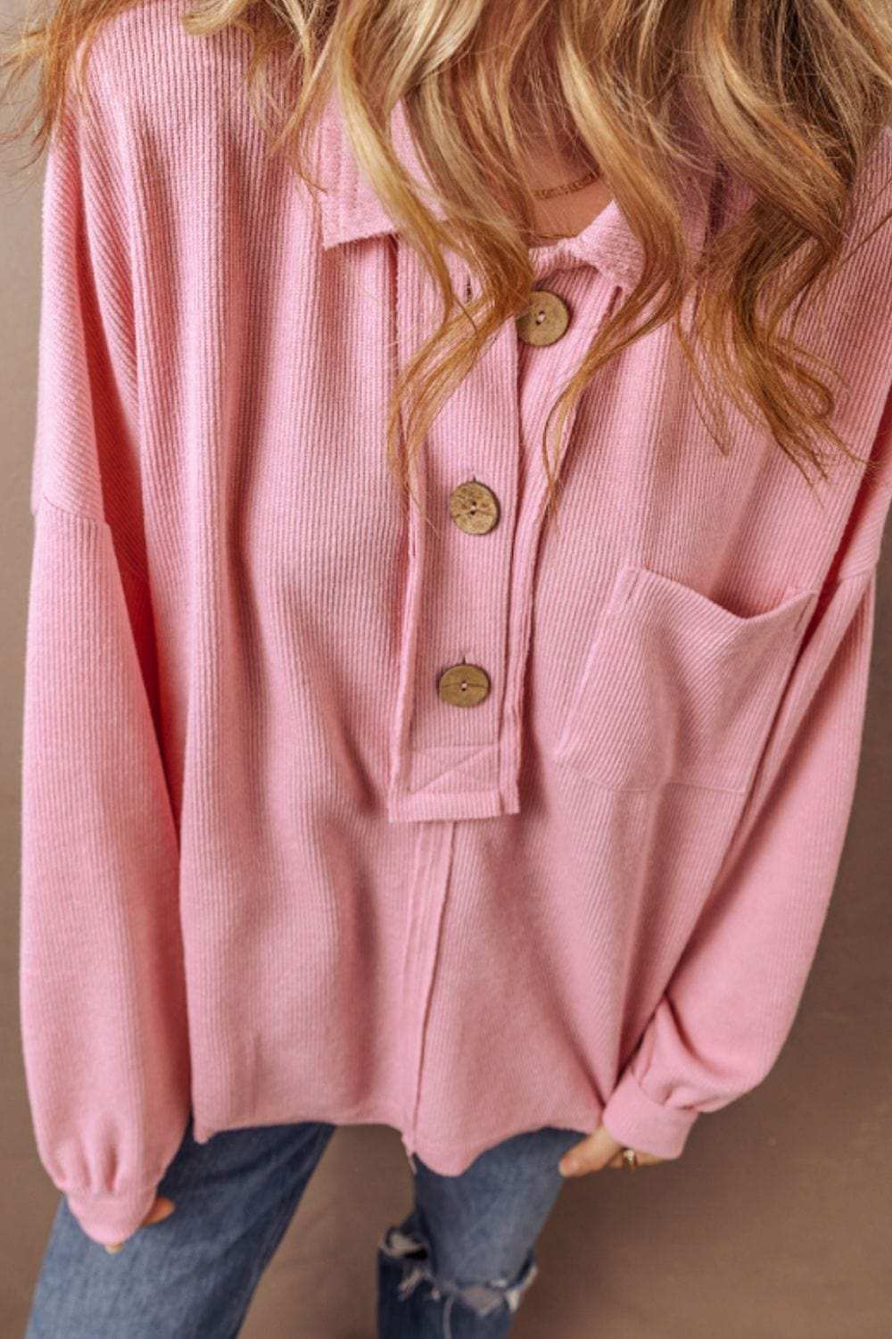 Pocketed Half Button Long Sleeve Sweatshirt - Trendsi - Flyclothing LLC