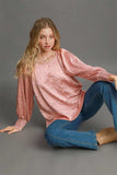 Umgee Wrinkled Round Neck Lantern Sleeve Blouse - Trendsi - Flyclothing LLC
