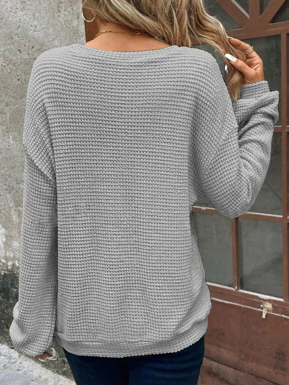 Plus Size Relaxed Fit Waffle Knit Round Neck T-Shirt - Trendsi - Flyclothing LLC