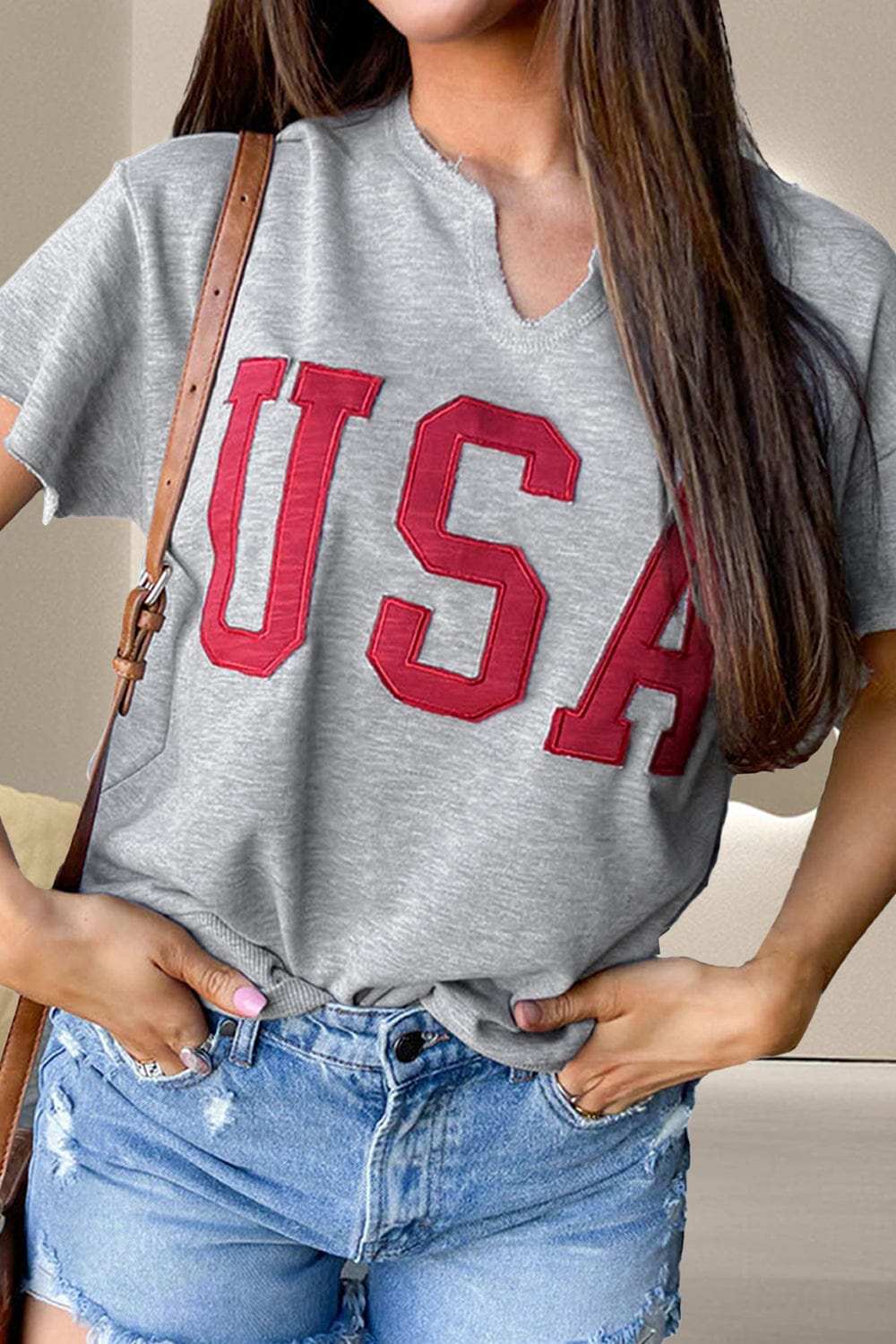 USA Notched Short Sleeve T-Shirt - Trendsi - Flyclothing LLC