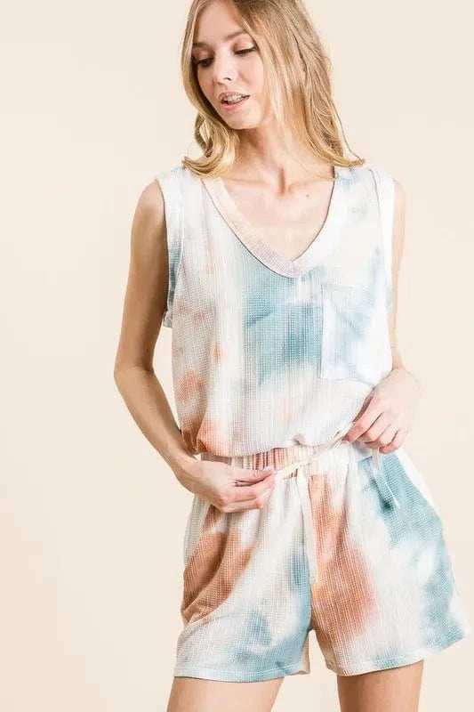 BiBi Tie Dye Textured Knit Top and Shorts Set - Trendsi - Flyclothing LLC
