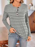 Lovelet Quarter Button Striped Round Neck Long Sleeve T-Shirt - Trendsi - Flyclothing LLC