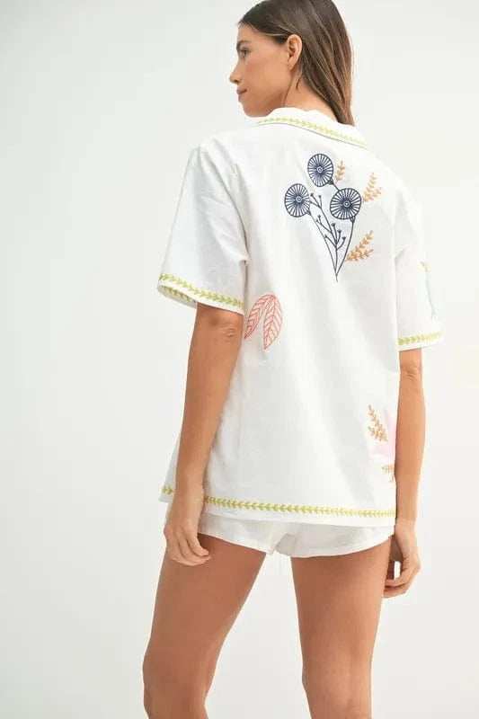MABLE Embroidered Button Down Shirt and Shorts Set - Trendsi - Flyclothing LLC