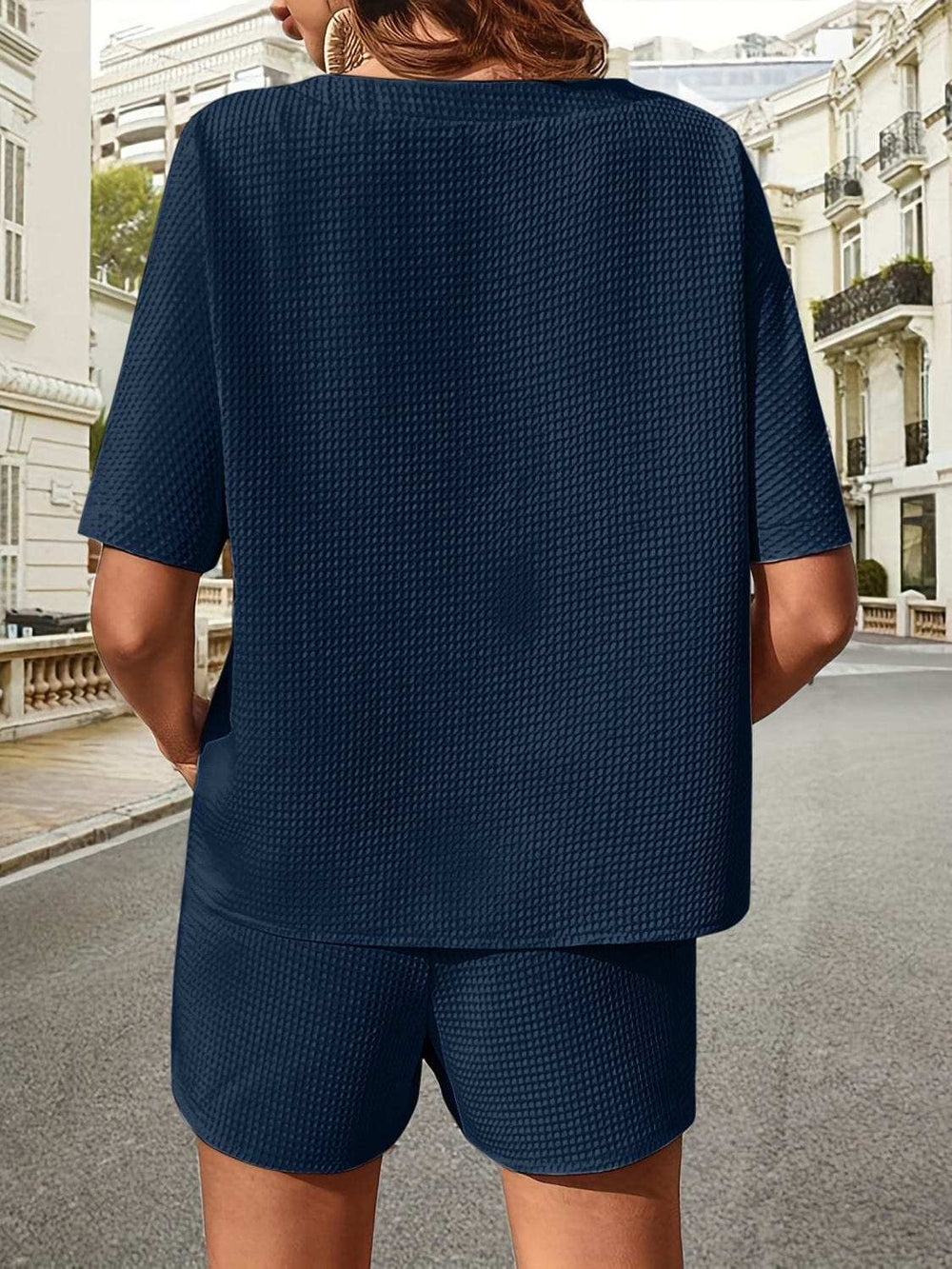 Waffle-Knit Half Sleeve Top and Shorts Set - Trendsi - Flyclothing LLC