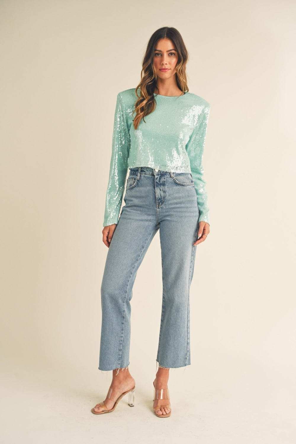 MABLE Shoulder Padded Sequin Crop Top - Trendsi - Flyclothing LLC