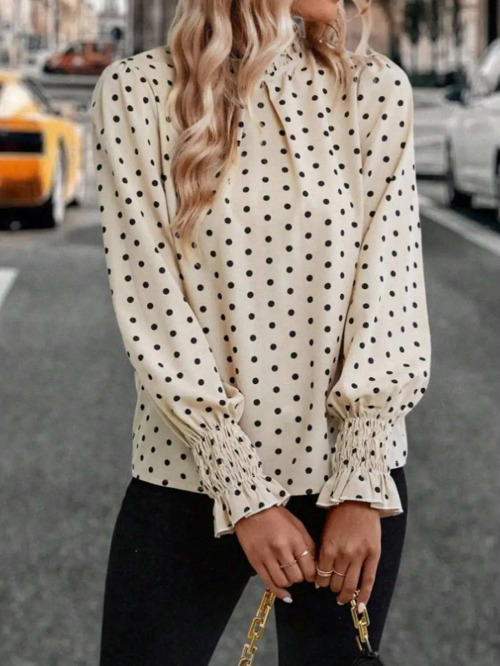 Polka Dot Mock Neck Long Sleeve Blouse - Trendsi - Flyclothing LLC