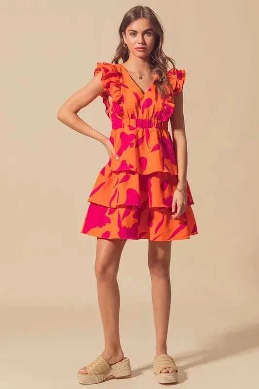 SO ME Floral V Neck Layered Dress with Elasticized Waist - Trendsi - Flyclothing LLC