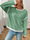 Ribbed Contrast Trim Long Sleeve Top - Trendsi - Flyclothing LLC