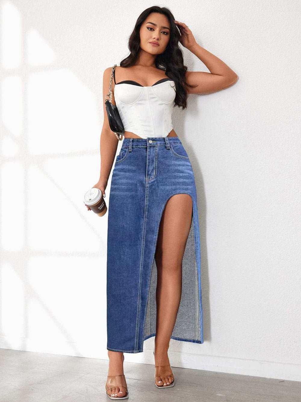 High Rise Slit Denim Skirt - Trendsi - Flyclothing LLC
