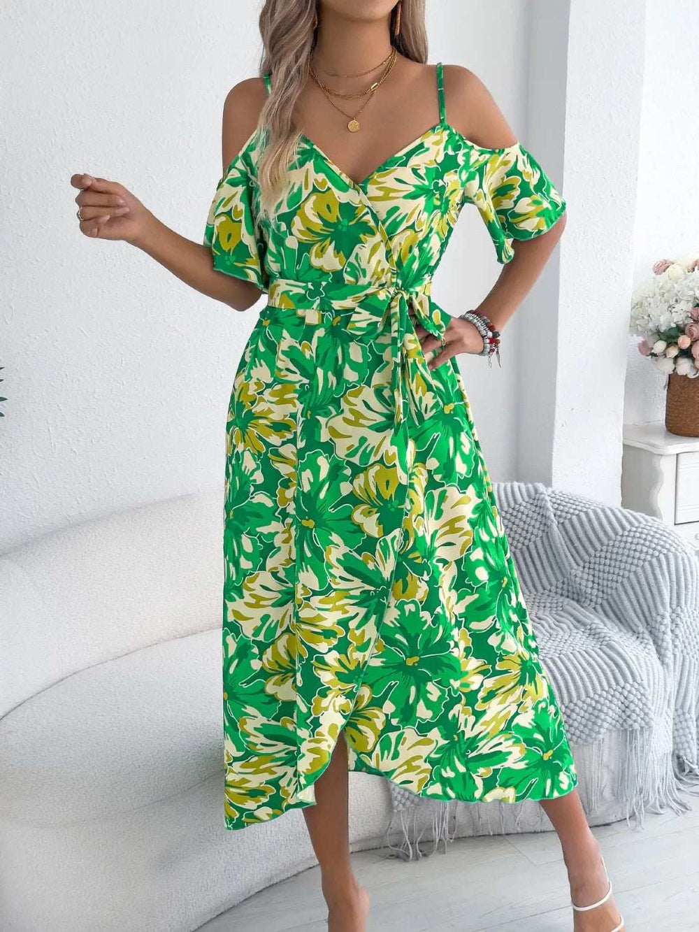 Printed Cold Shoulder Midi Cami Dress - Trendsi - Flyclothing LLC